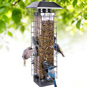 Henzavk squirrel-proof feeder outdoors shows a durable metal frame for birds.