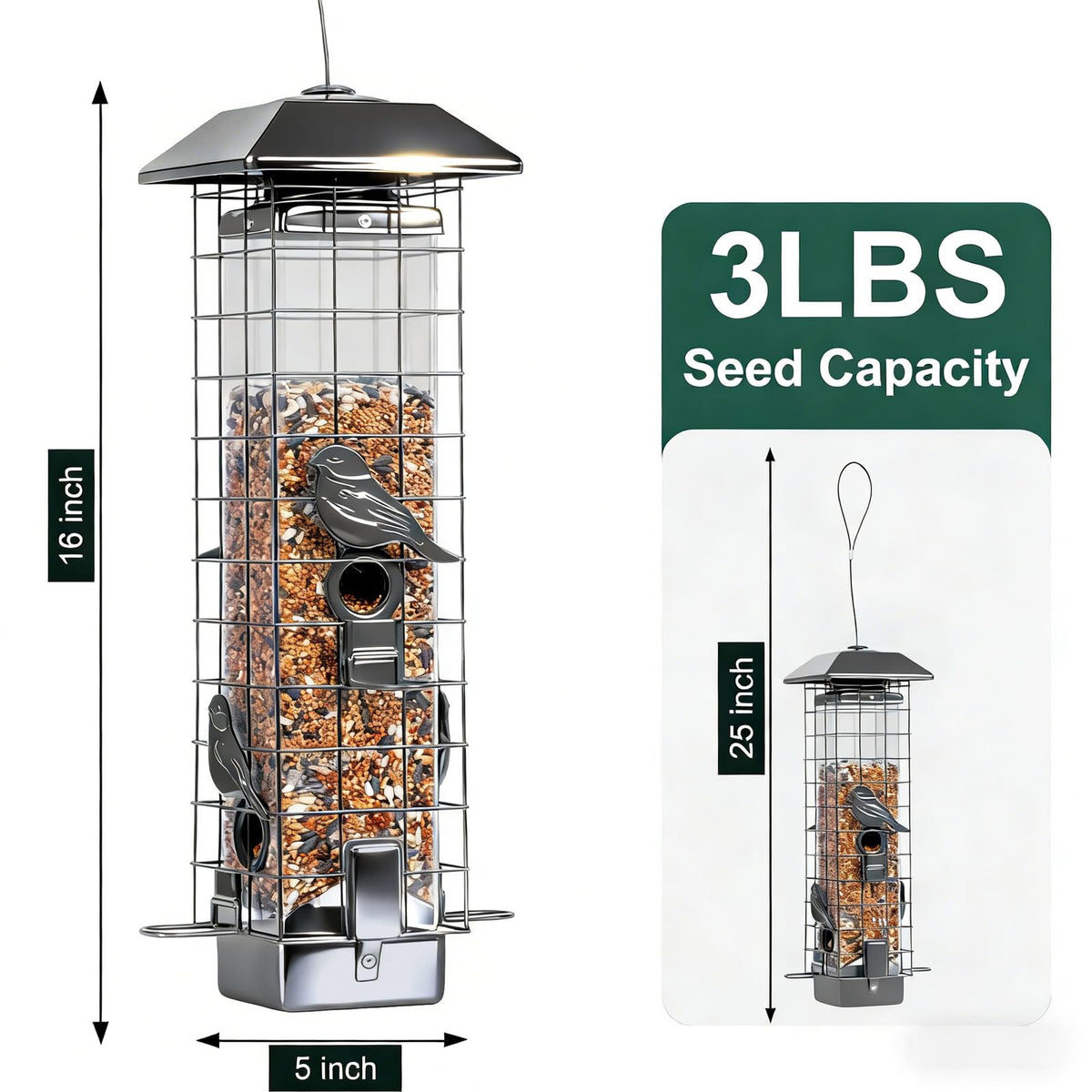 Henzavk wild bird feeder outside hanging beside a tree.
