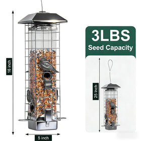 Henzavk wild bird feeder outside hanging beside a tree.