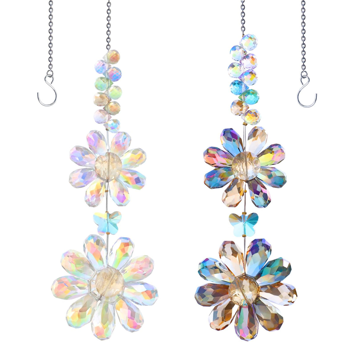 Heogacinlia two-piece crystal flower suncatcher creating vivid rainbows in sunlit windows
