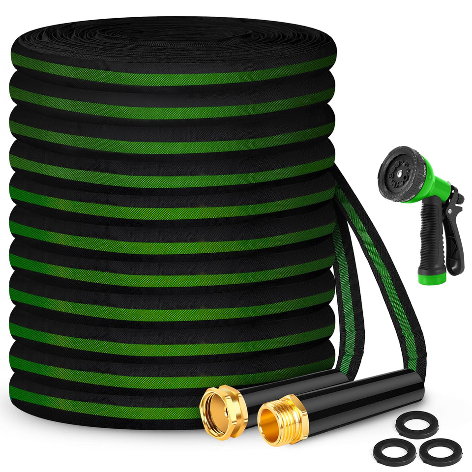 Hepciee garden hose 100ft non-expandable design showing steady water flow for long-distance watering