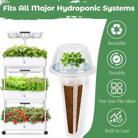 Herblink hydroponics-compatible system demonstrates universal baskets and domes.
