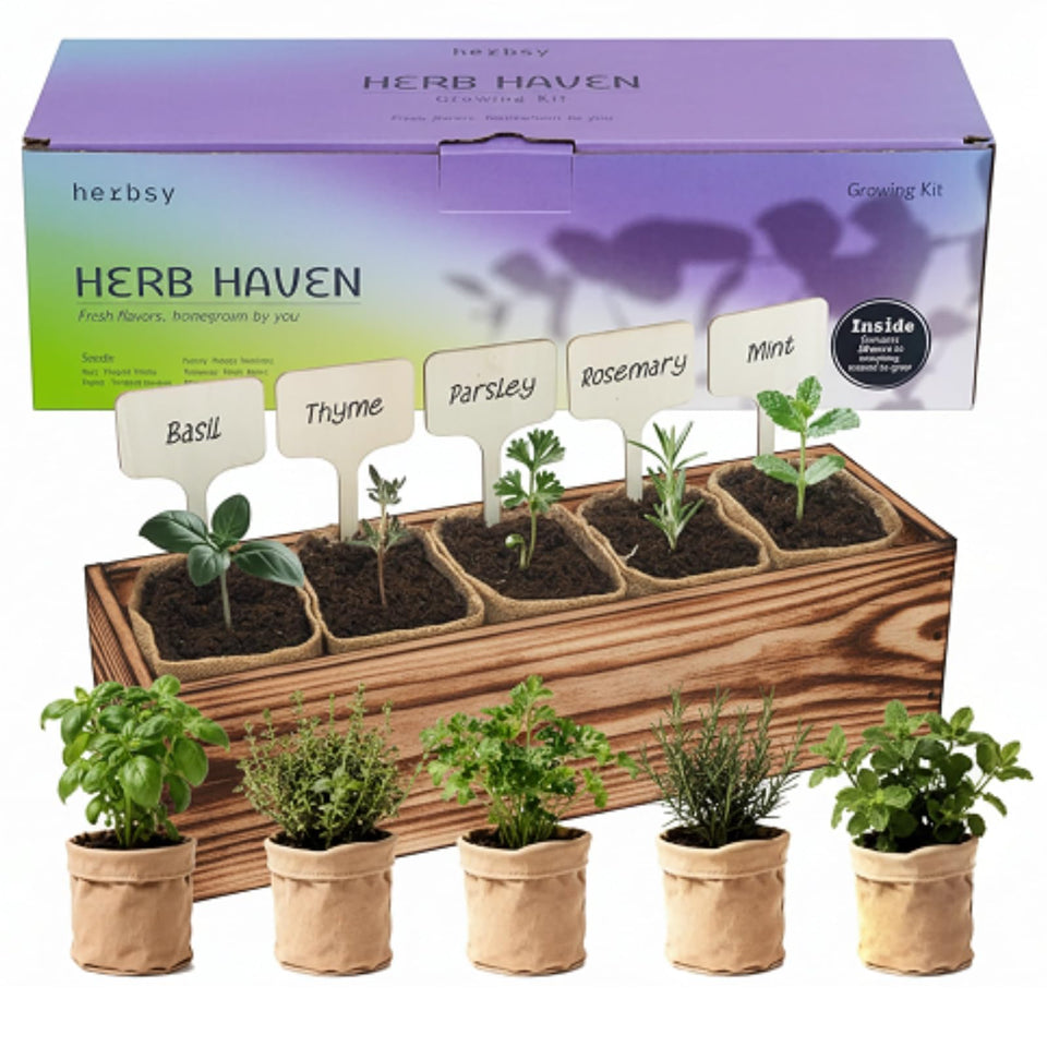 Herbsy wooden box garden kit on counter offers compact fresh herbs.