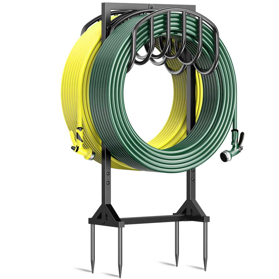 HeroicLion garden hose holder with two hoses keeps the yard organized and accessible.