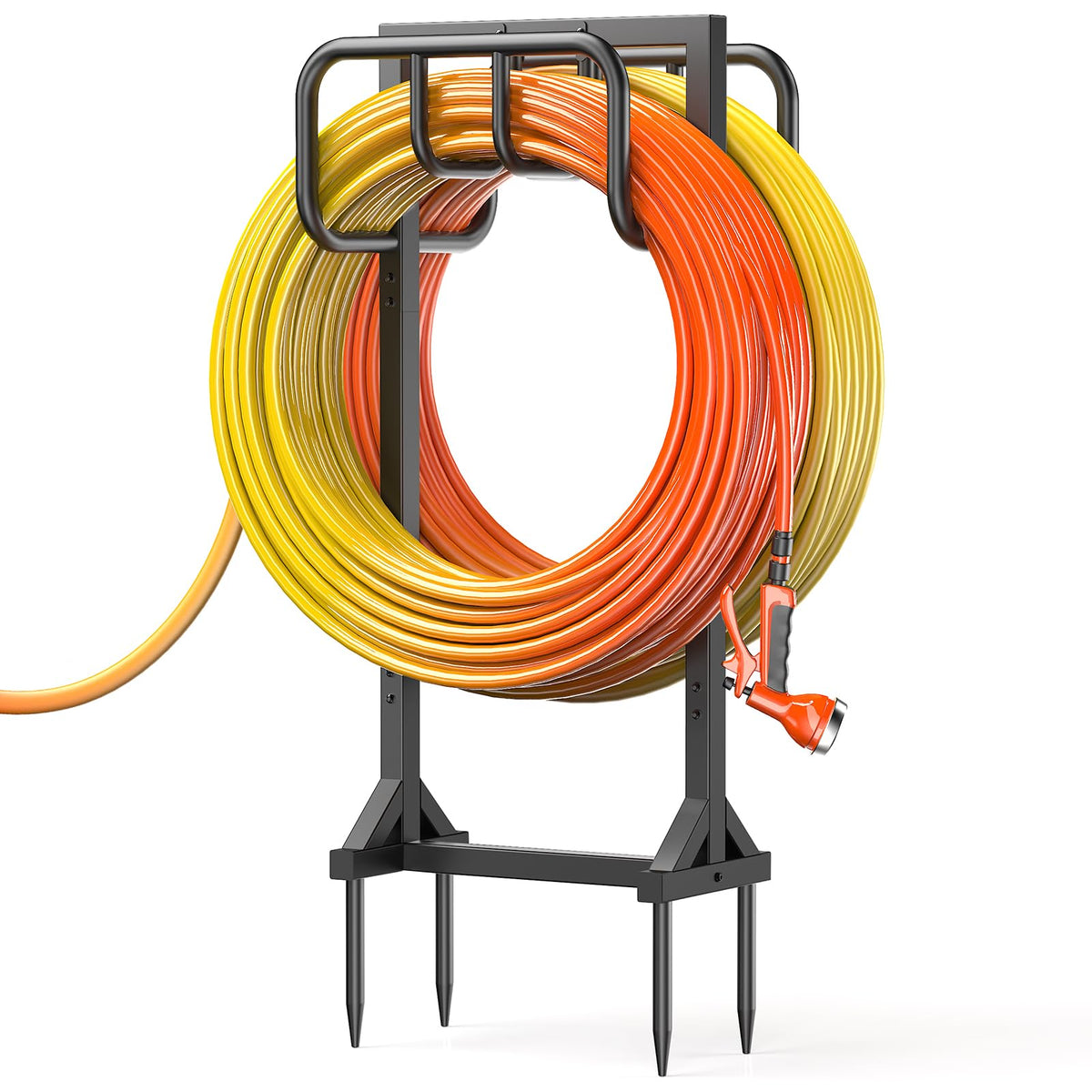 HeroicLion garden hose holder with stable base anchors two 160ft hoses for secure outdoor use.