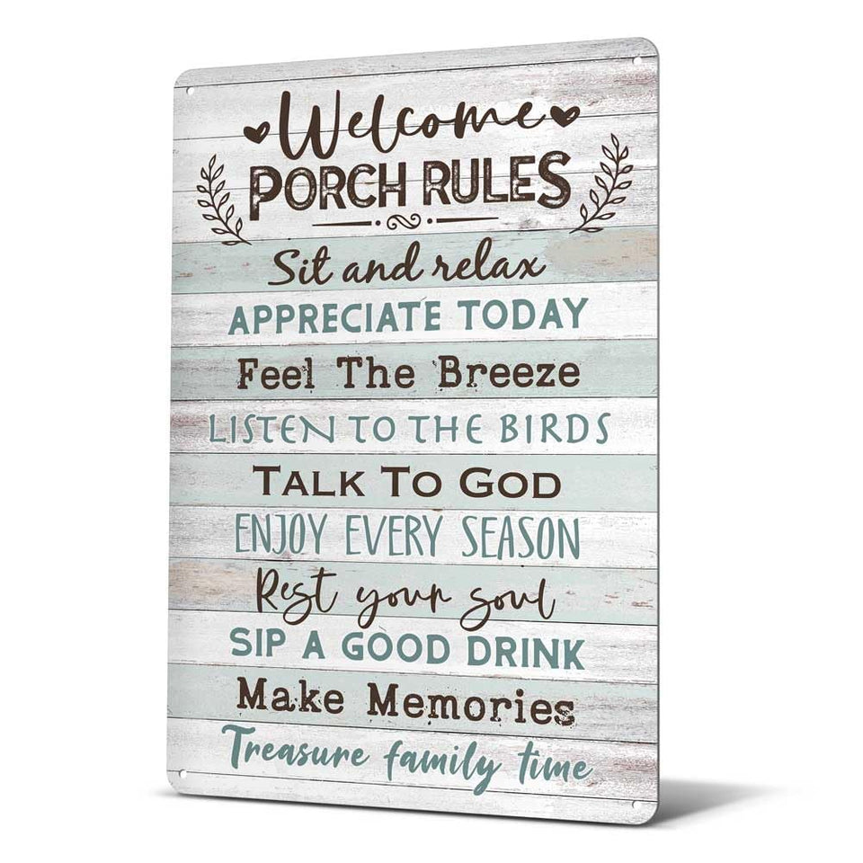 Heuhuww Welcome Porch Rules tin sign front view with vibrant colors for porch decor