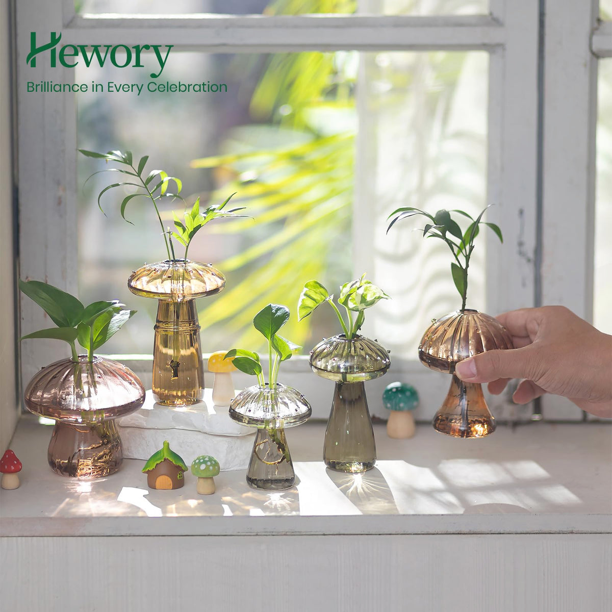 Hewory amber mushroom propagation jar adds whimsical plant display on desk