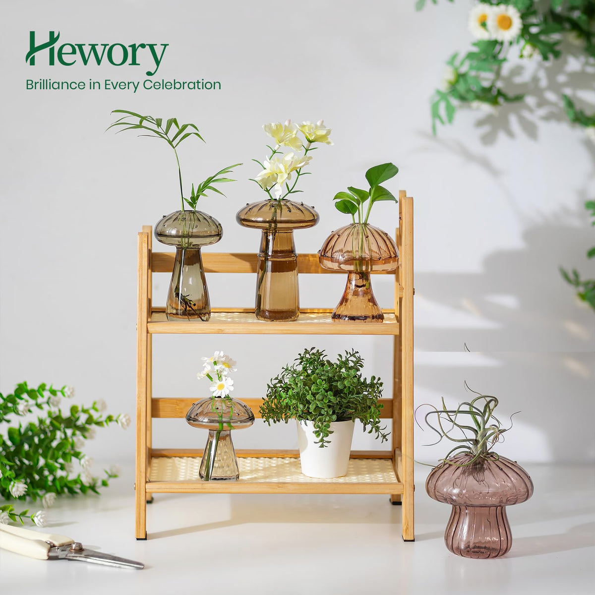 Hewory amber mushroom decor jar highlights clear glass and plant cuttings