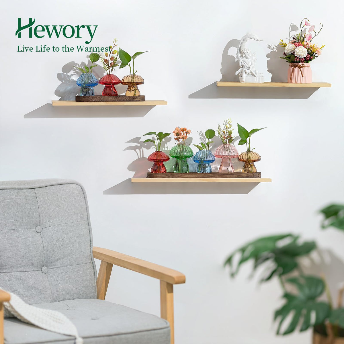 Hewory colorful mushroom vases catching sunlight and casting cheerful reflections.