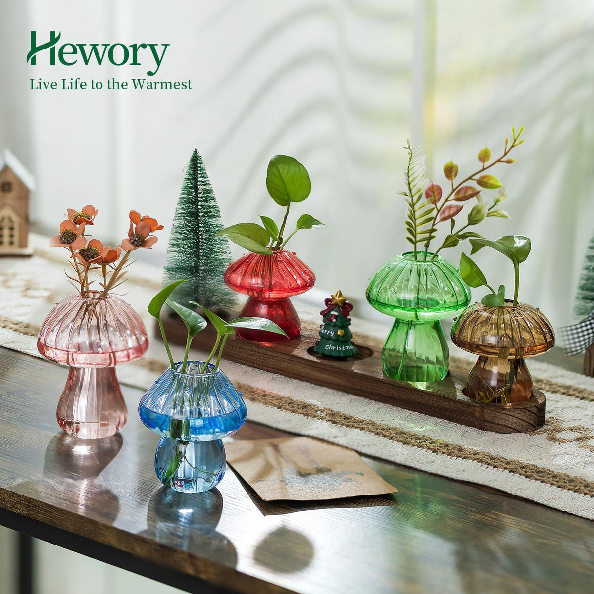 Hewory wooden tray display with mushroom vases on window sill brings natural charm.