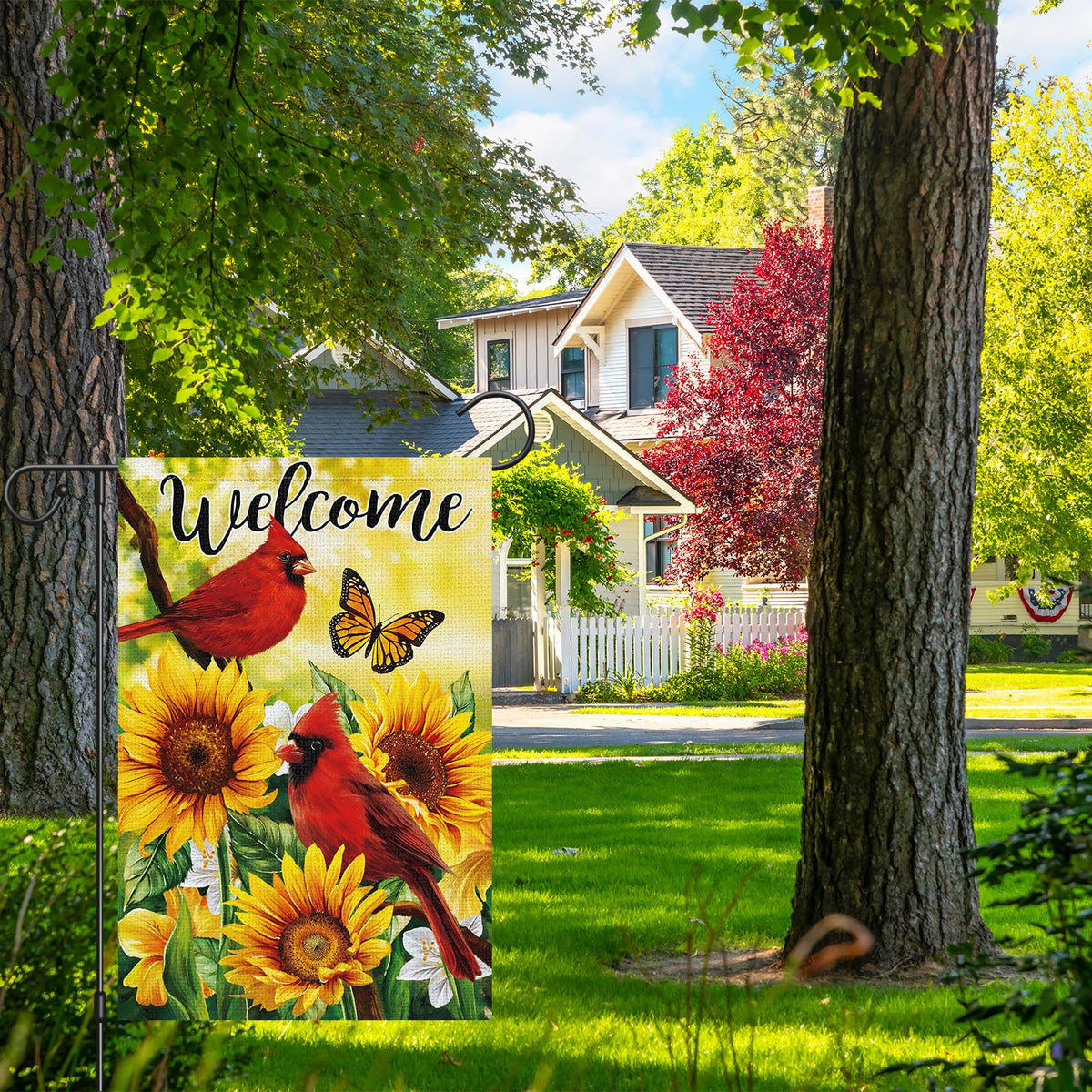 Heyfibro Cardinal Butterfly Garden Flag adds vibrant cardinals and butterflies to brighten any garden.