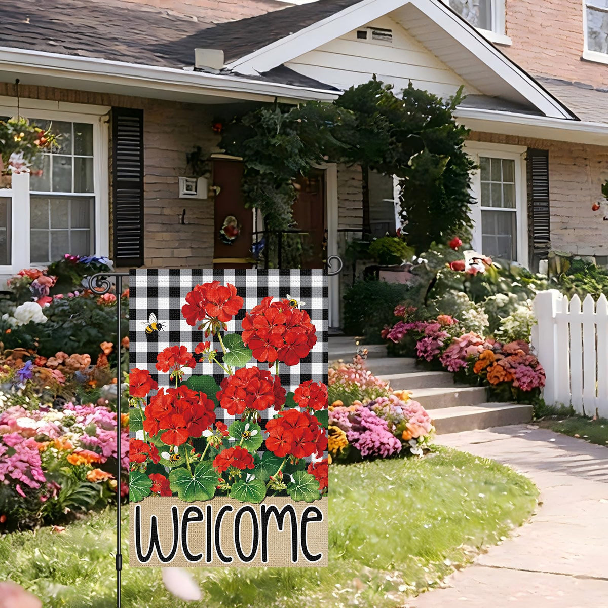 Heyfibro spring garden flag on porch, buffalo plaid backdrop for inviting outdoors