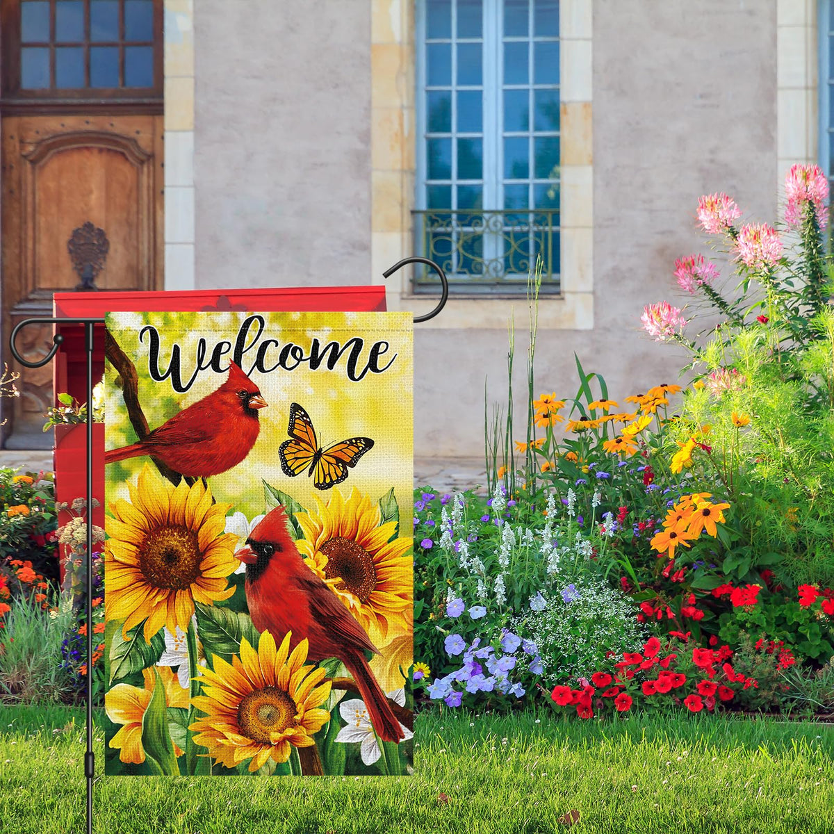Heyfibro Sunny garden decor flag enhances outdoor seasonal welcome.