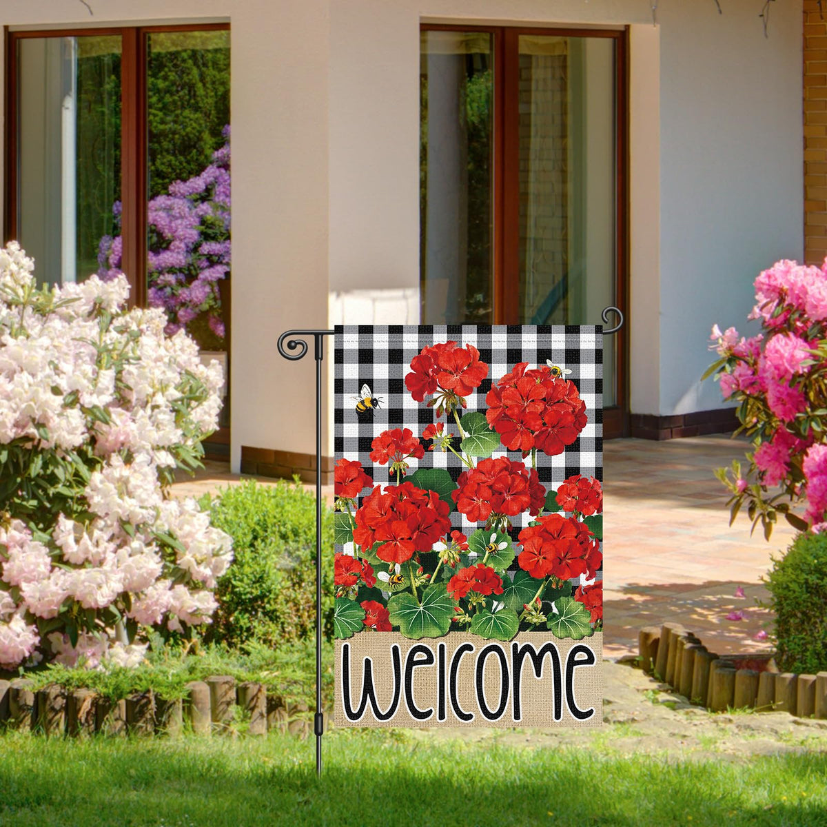 Heyfibro vibrant geranium flag artwork enhances seasonal outdoor decor
