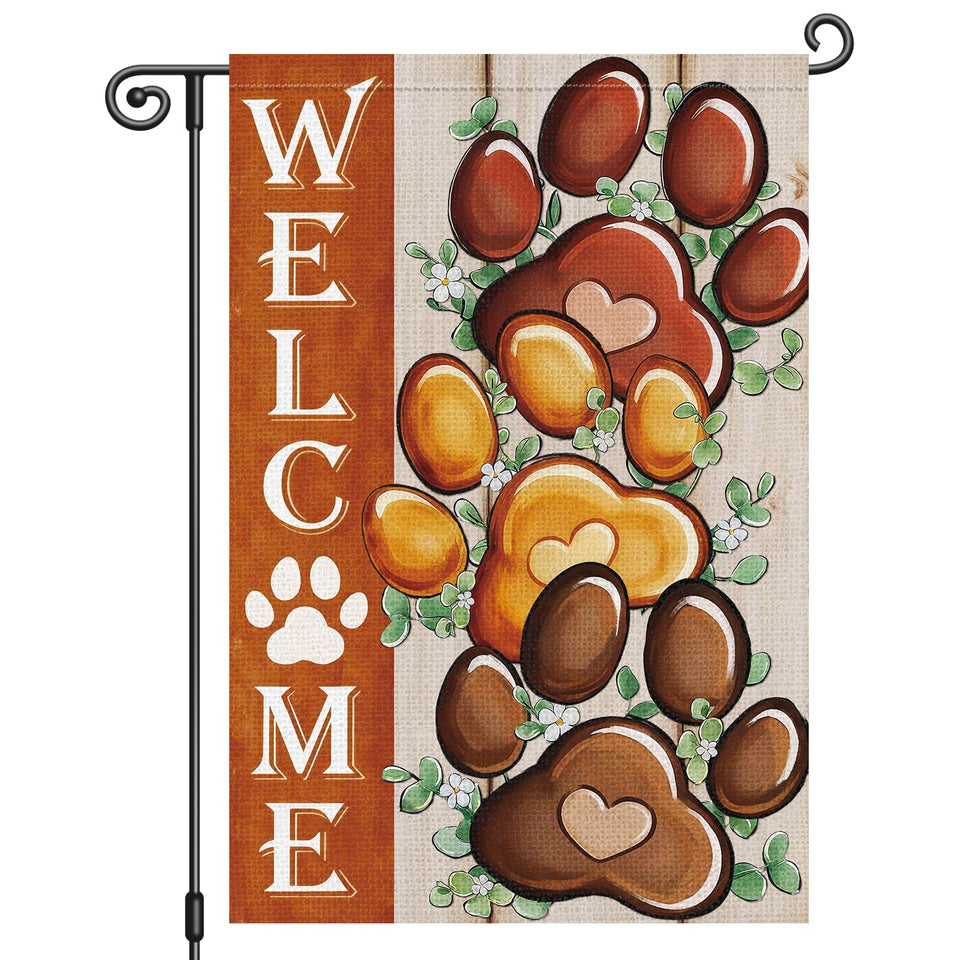 Heyfibro Welcome Flag shows dog paw, double-sided view for bright outdoor display on porch