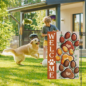 Heyfibro Welcome Flag with rustic woodgrain background and paw prints for cozy garden charm
