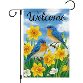 Heyfibro welcome spring flag with daffodils and blue birds for outdoor charm