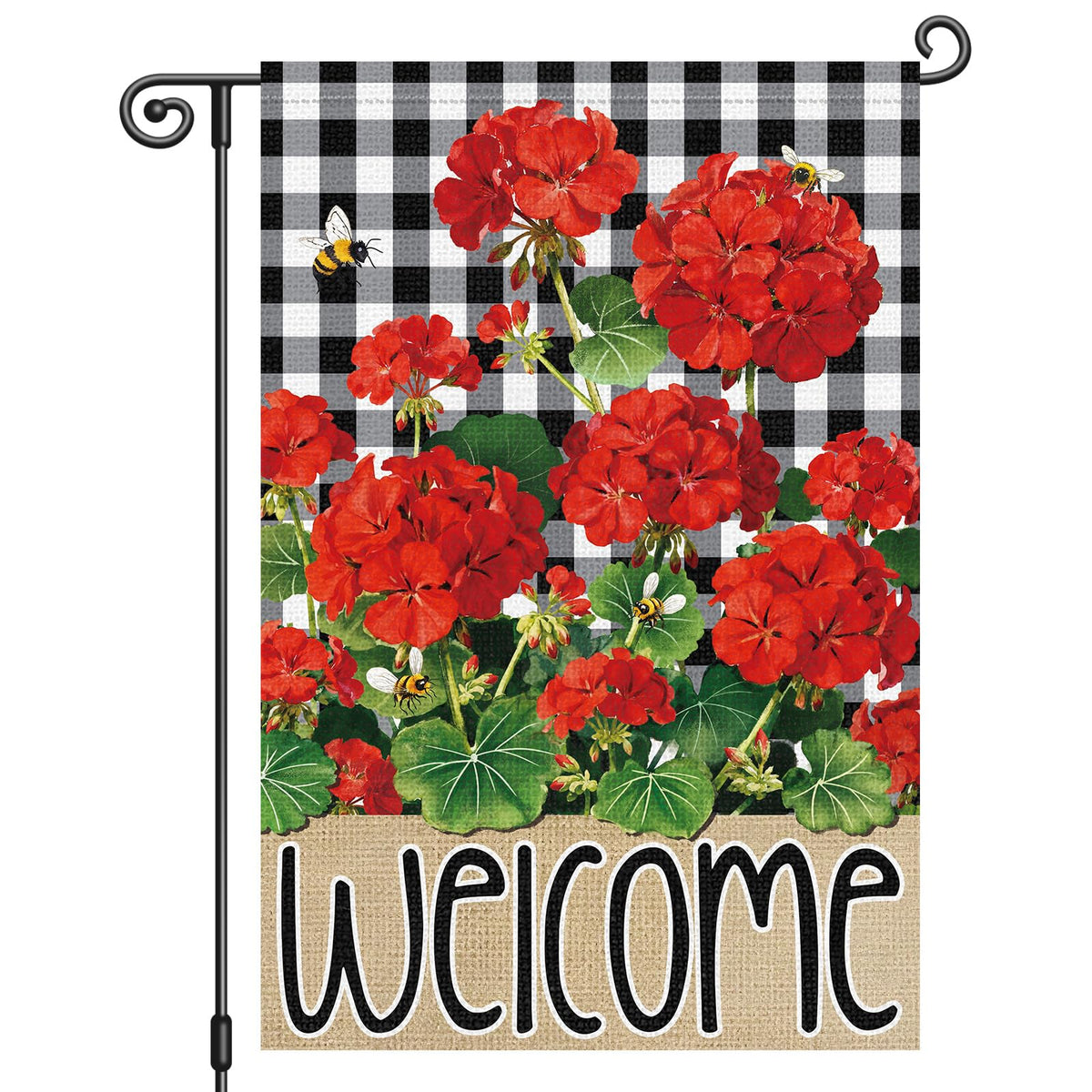 Heyfibro Welcome Spring flag with double-sided buffalo plaid and geraniums, ideal curb appeal