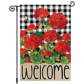 Heyfibro Welcome Spring flag with double-sided buffalo plaid and geraniums, ideal curb appeal