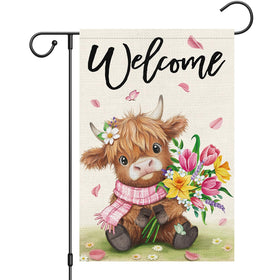 Heyfibro Welcome Spring Highland Cow flag with a bright bouquet for garden charm