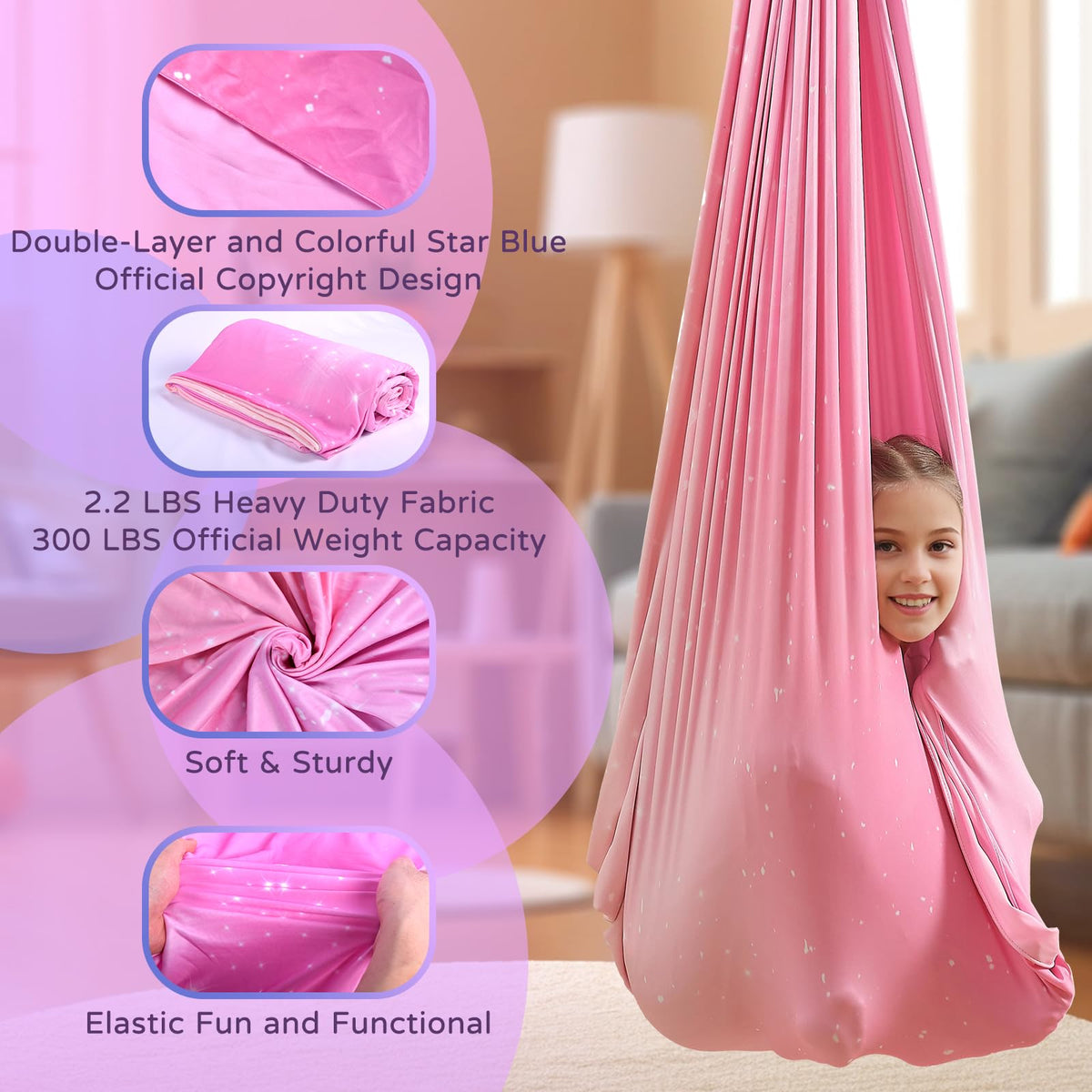 Heyfriday sensory swing with 360° swivel hanger enabling multidirectional play.