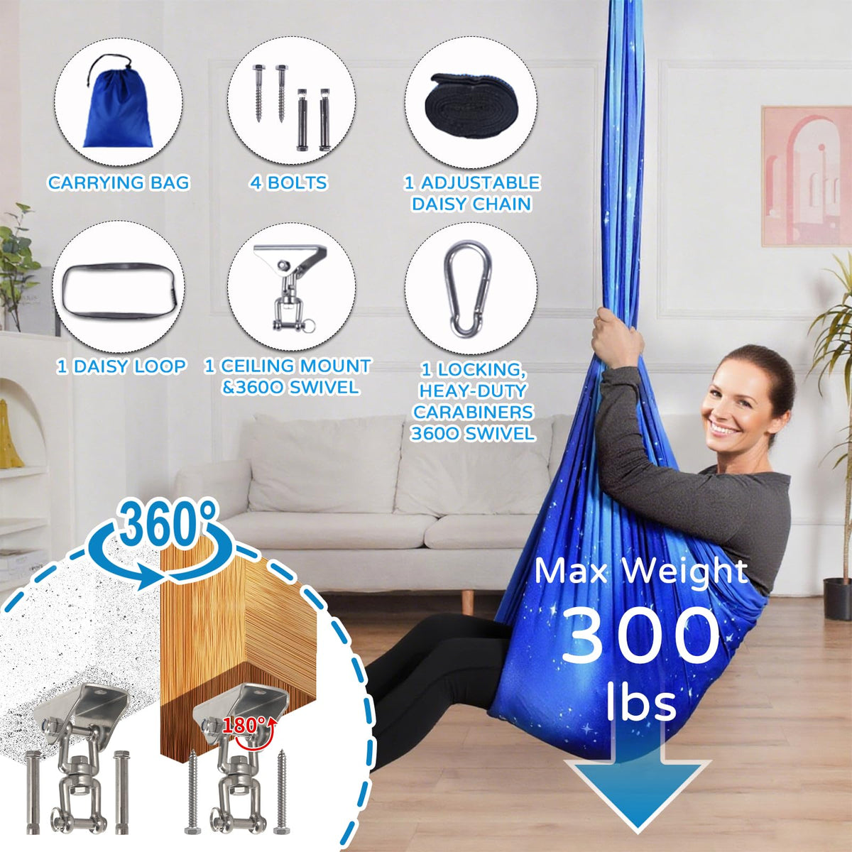 Heyfriday sensory swing includes hardware and clear installation guidance.