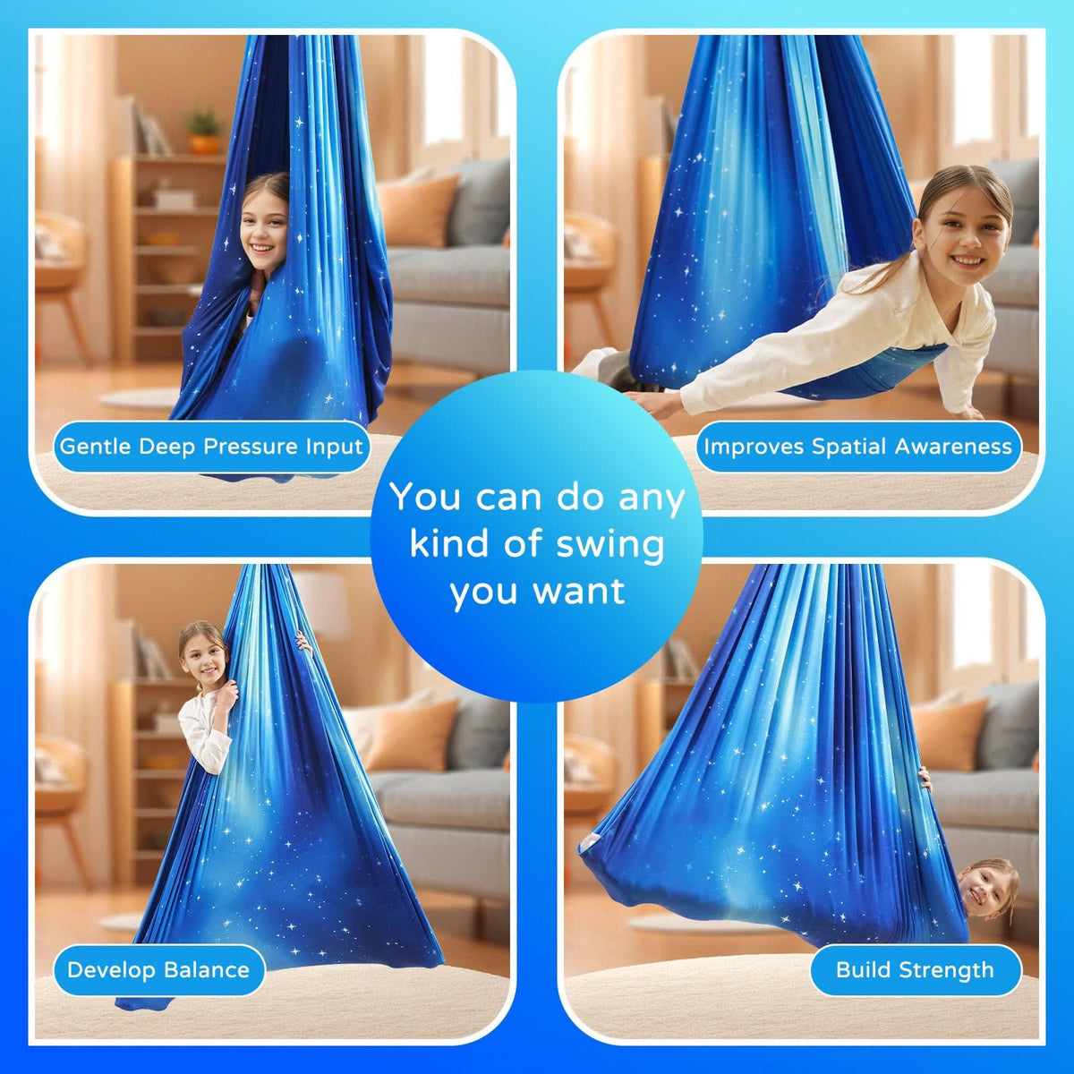 Heyfriday sensory swing for indoor and outdoor spaces and flexible setup.