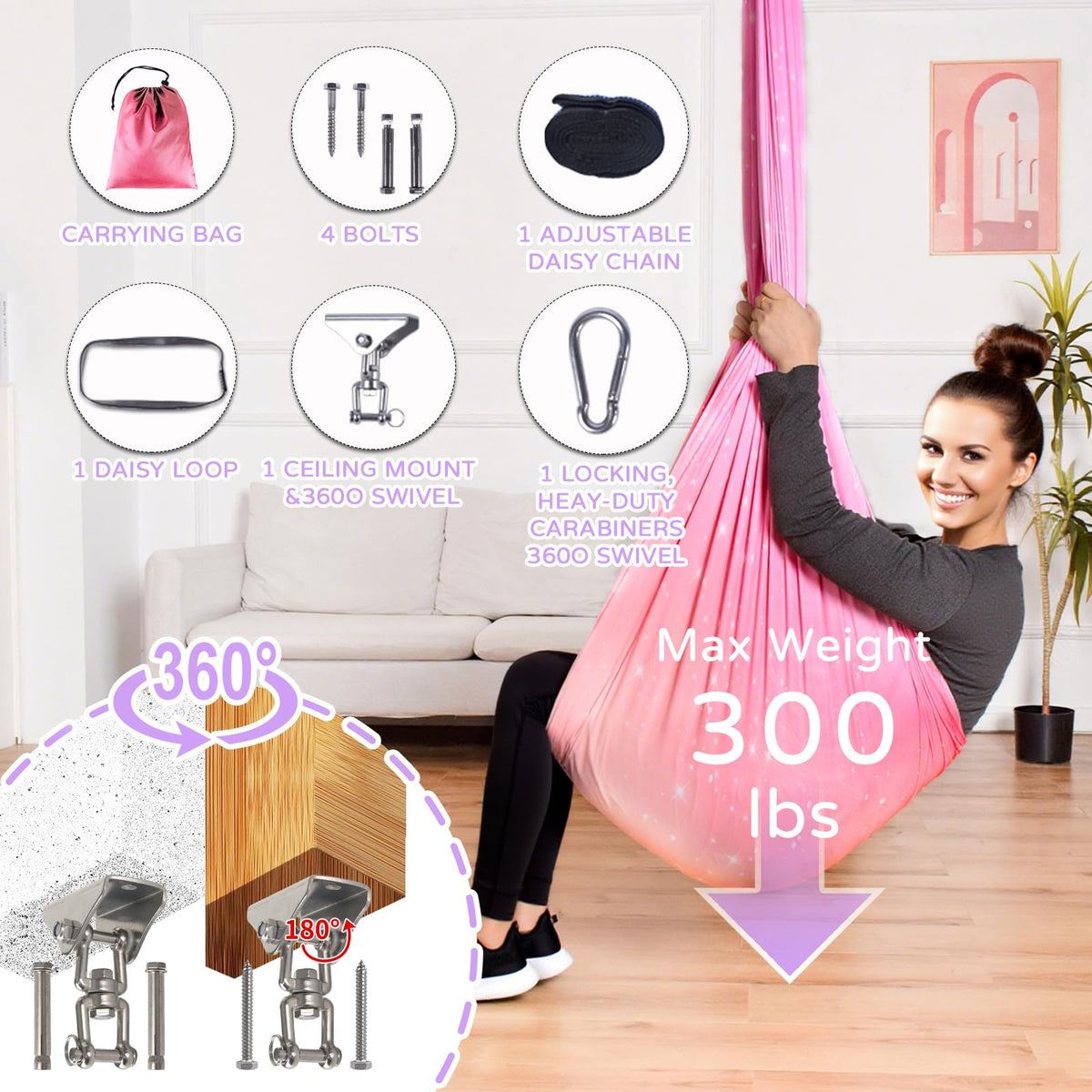 Heyfriday sensory swing ready for indoor installation in a cozy space.