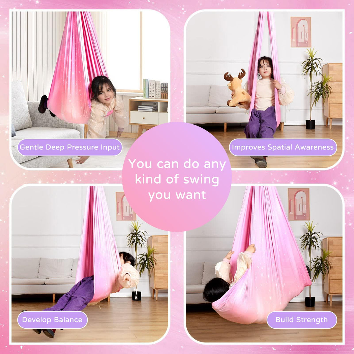 Heyfriday sensory swing supports kids and adults up to 300 lbs for shared fun.