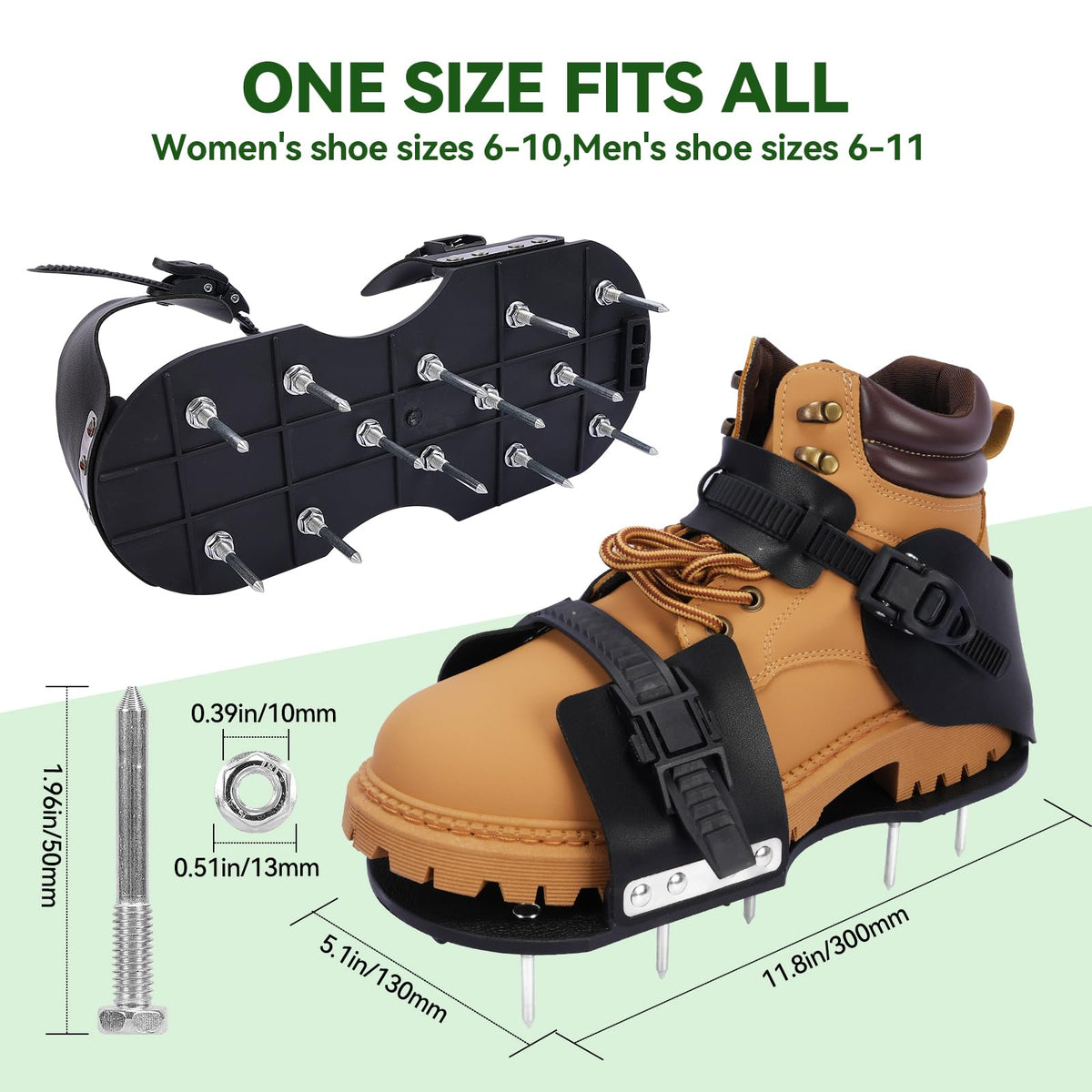 HFH Lawn Aerator Shoes show 13 steel spikes for deep soil aeration.