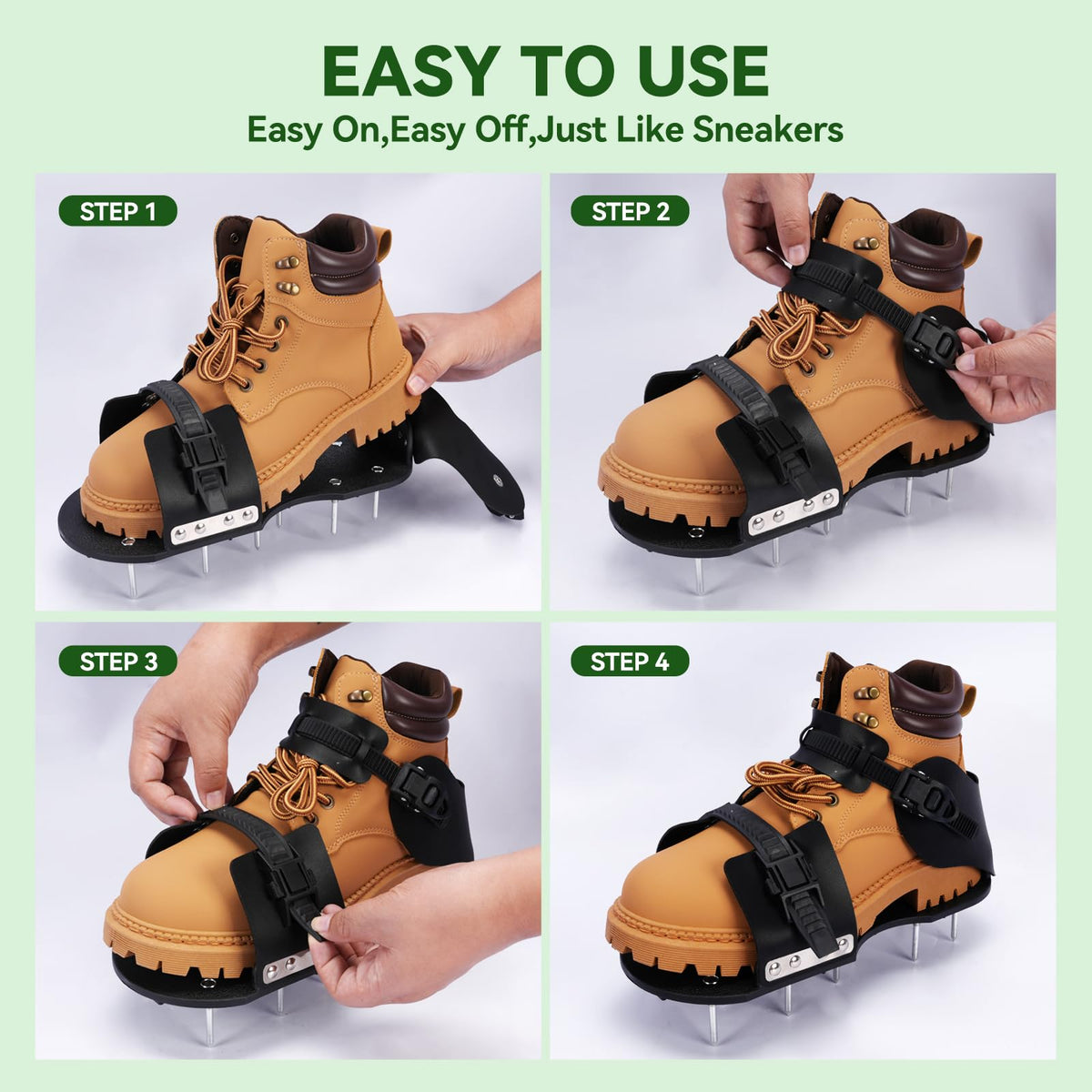 HFH Lawn Aerator Shoes illustrate a secure fit on uneven terrain.