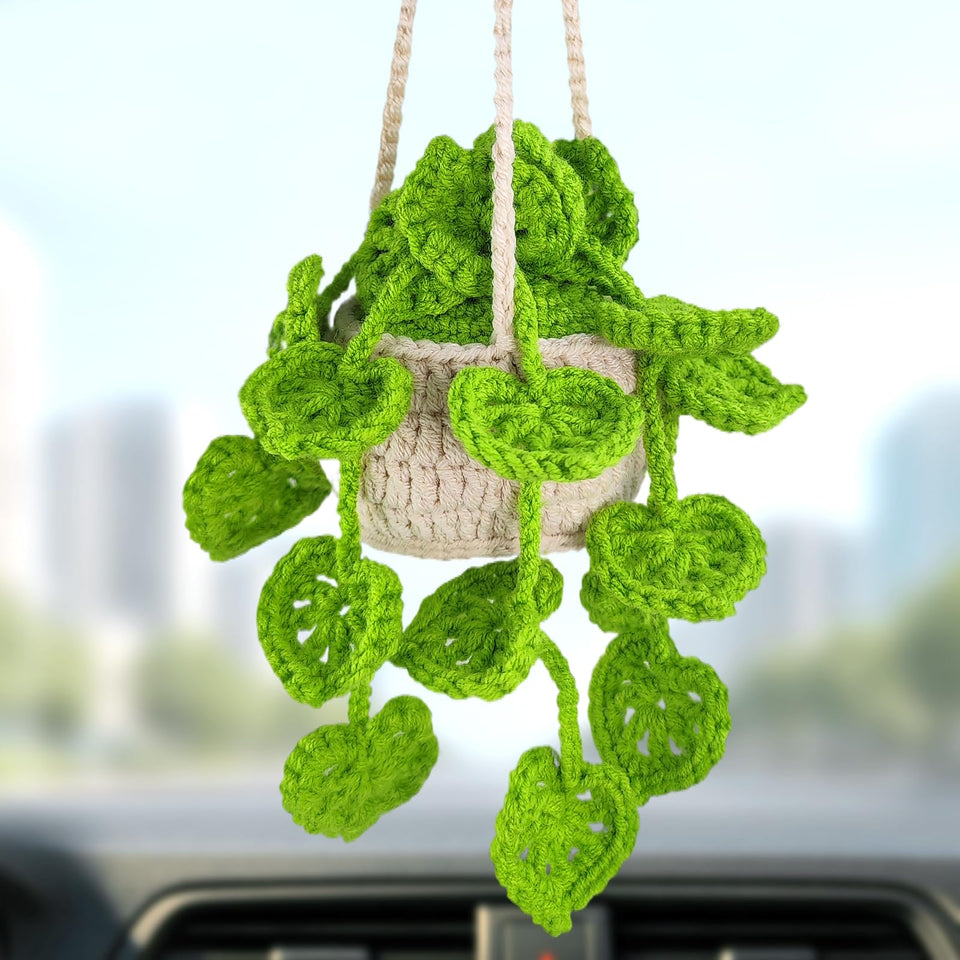 HFZRZFH boho crochet plant basket on car rear-view mirror adds cute interior charm