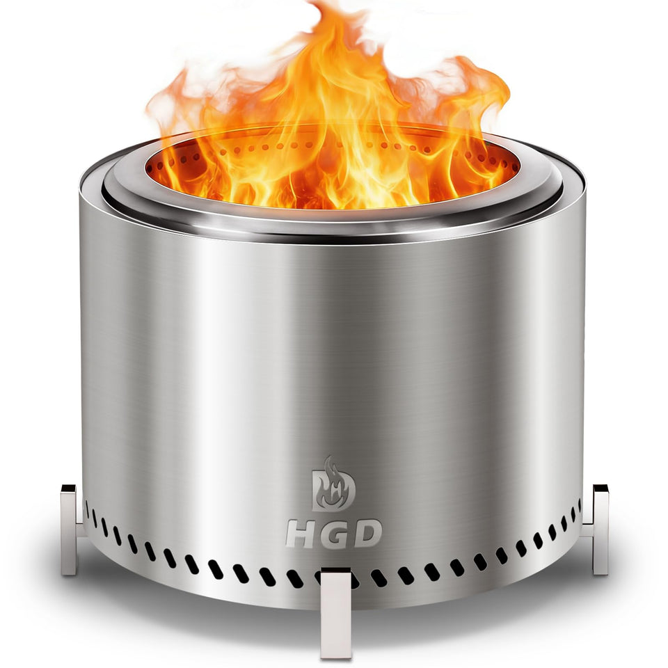 HGD 20-inch smokeless fire pit front view highlights compact, smoke reducing design