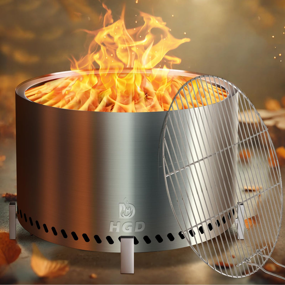 HGD 28 inch smokeless firepit with grill rack in-use for cooking and ambiance