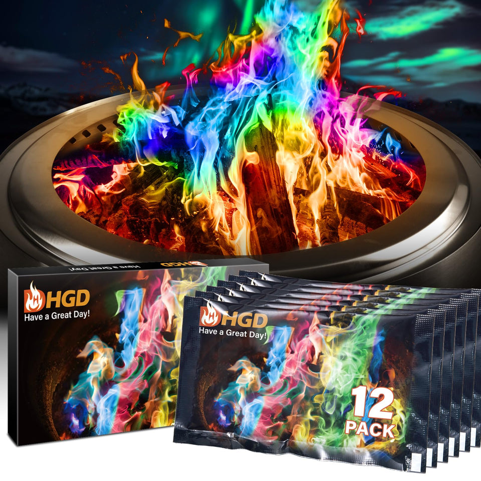 HGD Magic Campfire color flames packets illuminate outdoor fires with vibrant red, blue, and green.