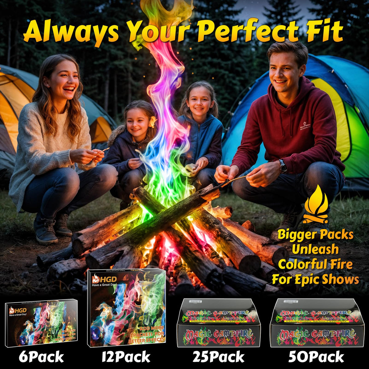 HGD color flames packets extend campfire moments with longer-lasting enchantment.