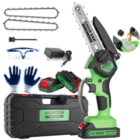 Hguptgw mini chainsaw 6in cutting action, easy pruning for small logs.