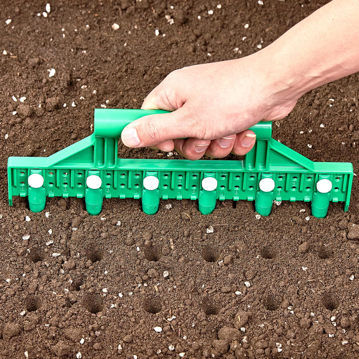 HHTHH seed dibber with handle and pins for precise spacing.