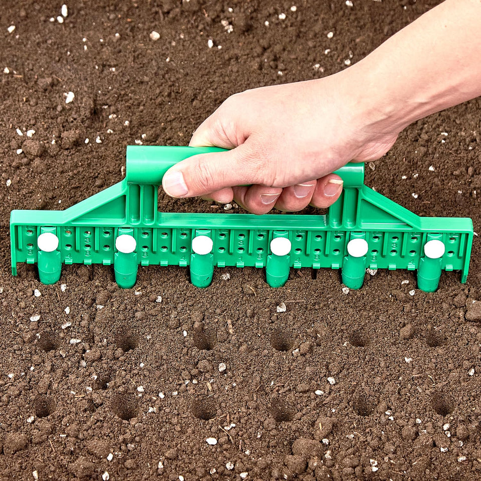 HHTHH seed dibber with handle and pins for precise spacing.