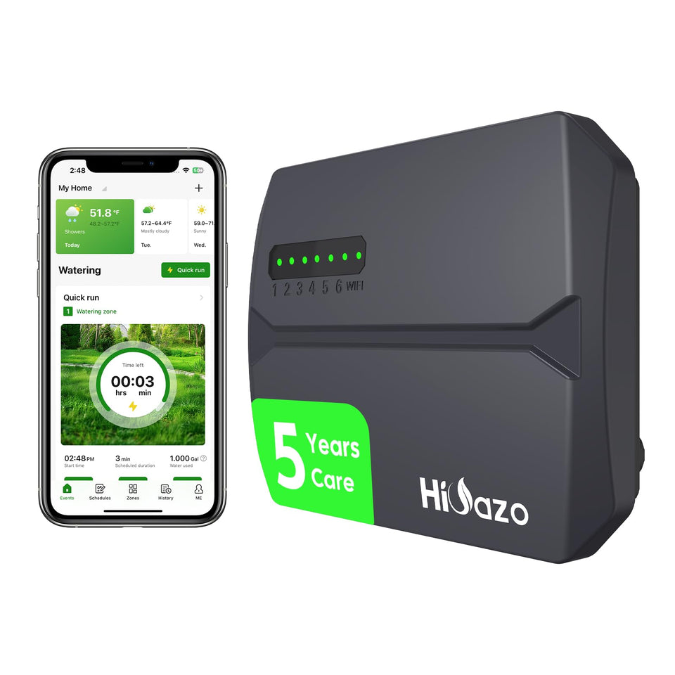 HiOazo Smart Sprinkler Controller WiFi front view showing compact outdoor unit for easy setup.