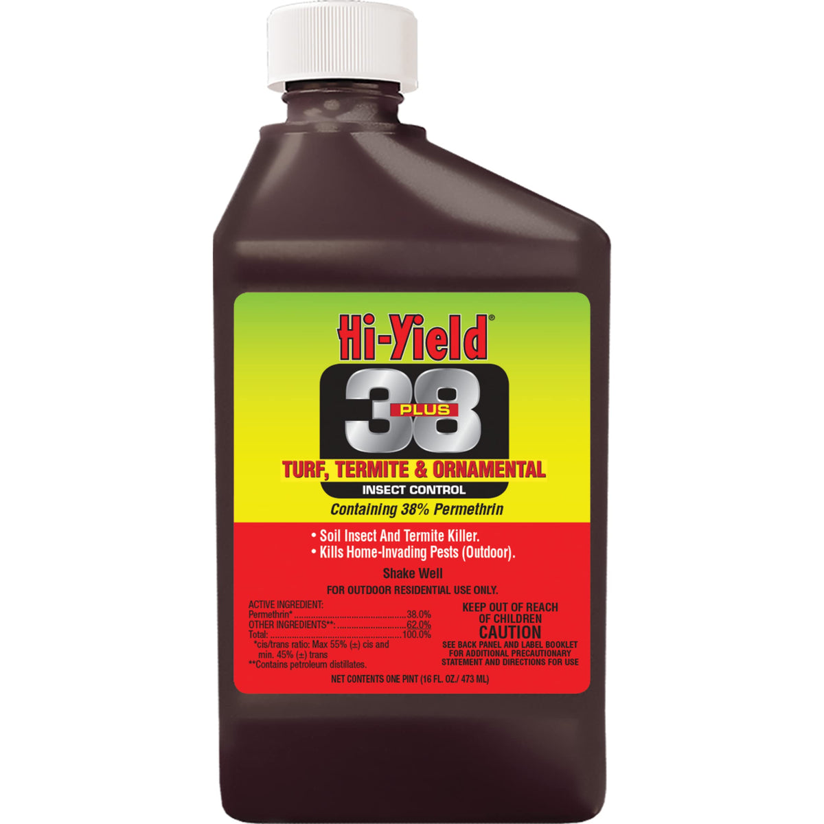 Hi-Yield 38 Plus permethrin bottle ready for turf and termite control.