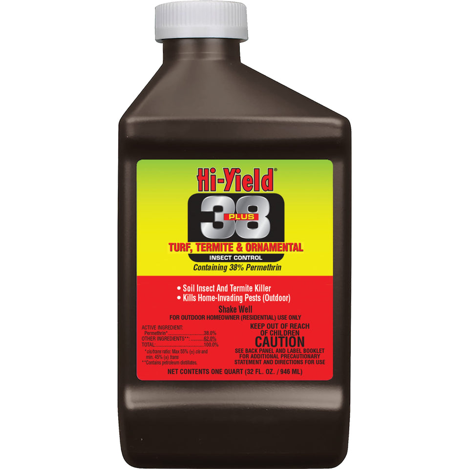 Hi-Yield 38 Plus Turf Termite bottle shown for outdoor pest protection on lawns.