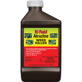 Hi-Yield Atrazine Weed Killer bottle pour enables even coverage for large lawns.