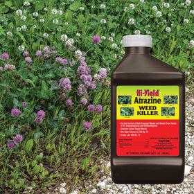 Hi-Yield Atrazine weed killer label closeup shows targeted control for common weeds.