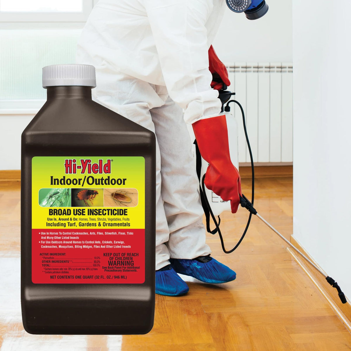 Hi-Yield broad-use insecticide spray setup enabling efficient lawn and garden treatment.