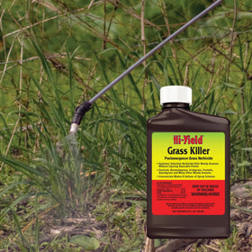 Hi-Yield Grass Killer spray application for targeted weed control in gardens.