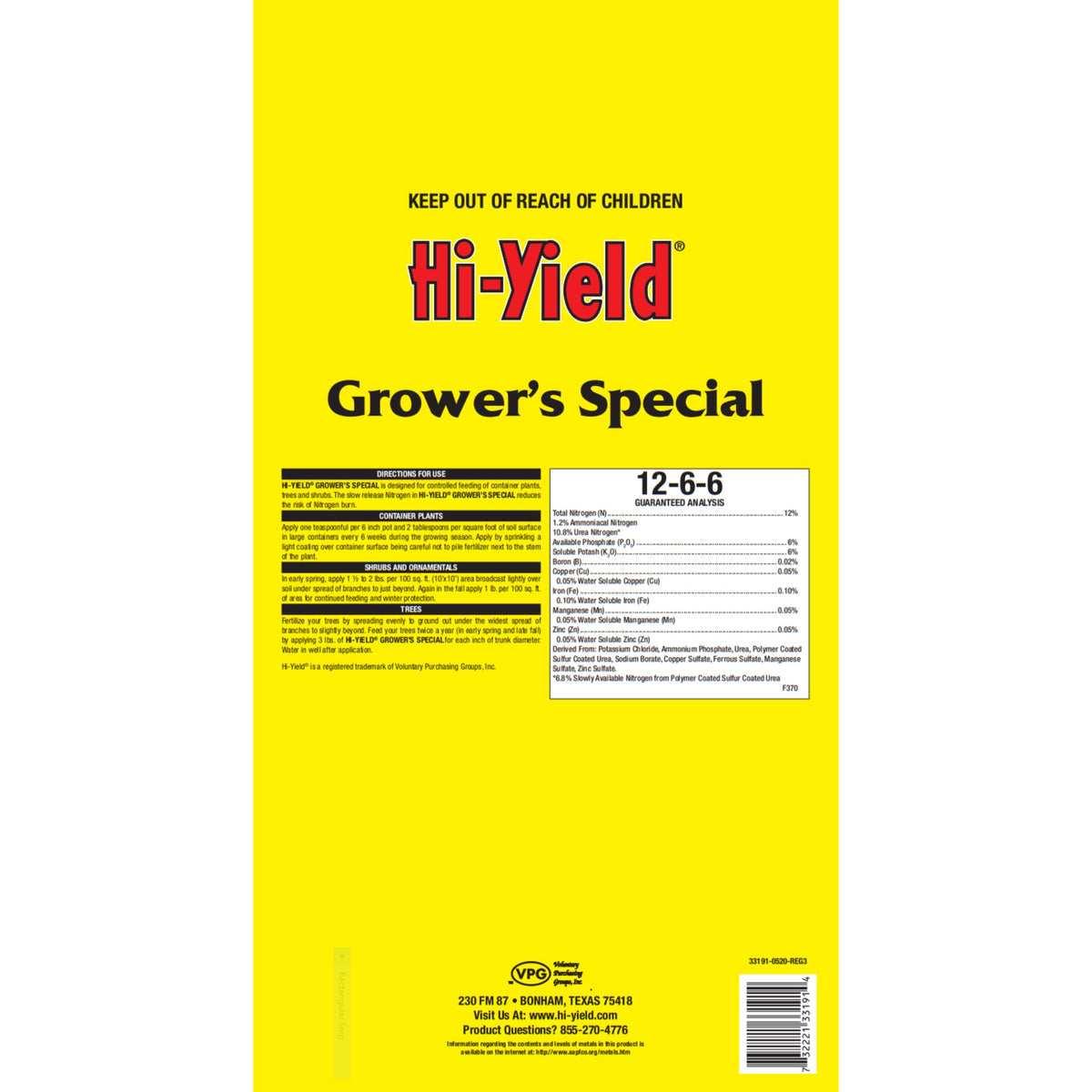 Hi-Yield Grower's Special Fertilizer applied in containers boosts slow-release feeding