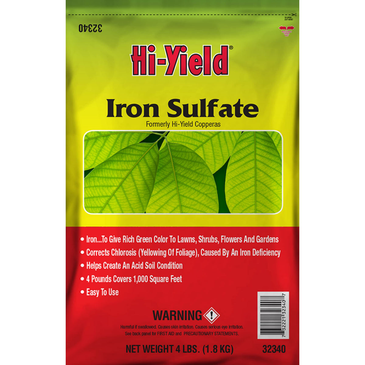 Hi-Yield Iron Sulfate bag with granules ready for lawn chlorosis prevention.