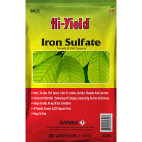 Hi-Yield Iron Sulfate bag with granules ready for lawn chlorosis prevention.
