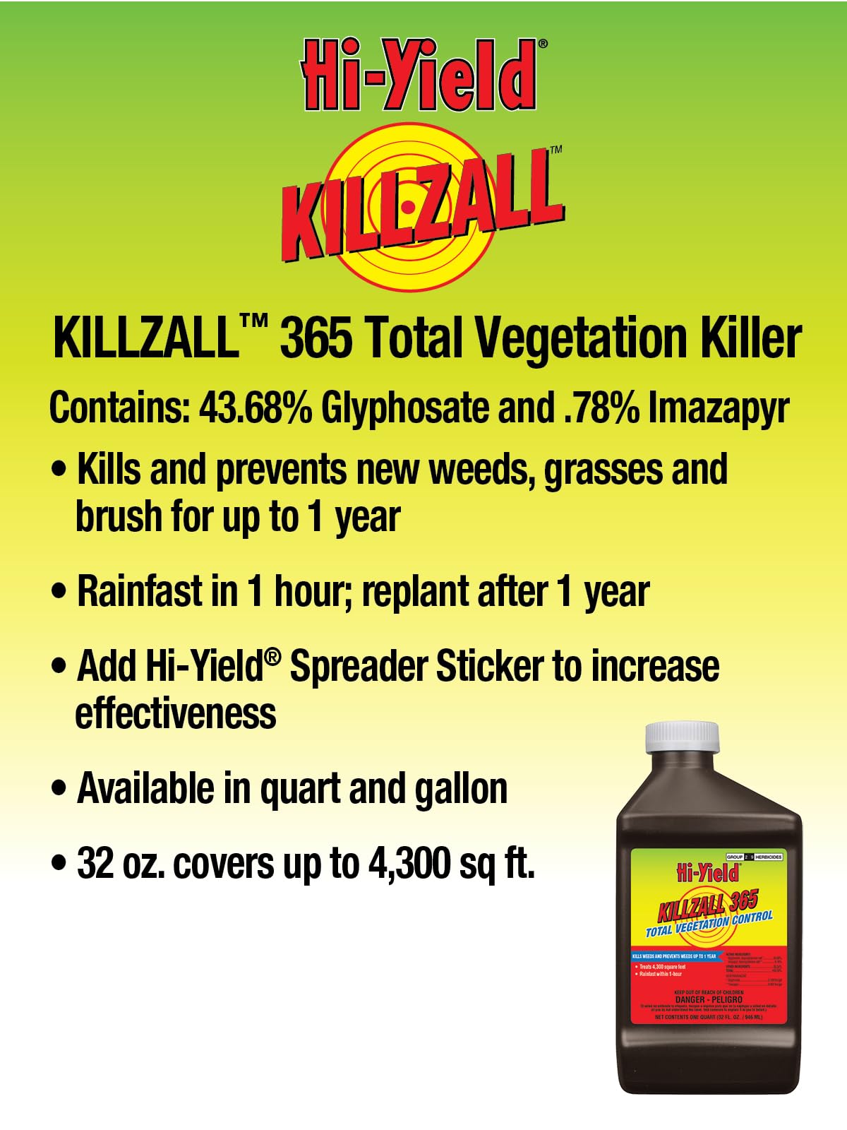 Hi-Yield Killzall 365 32oz application image shows mixing and spot treatment options.